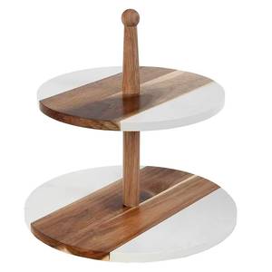 Support à gâteau géométrique en bois avec plateau en marbre blanc, présentoir carré en marbre - Product Image 2