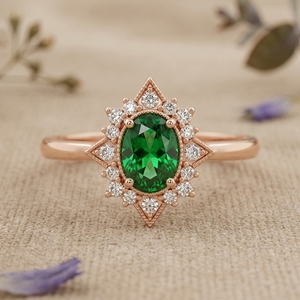 Vintage Green Oval Gemstone Halo <b>Ring</b> for Women Rose Gold Moissanite Engagement Wedding <b>Ring</b> - Product Image 2