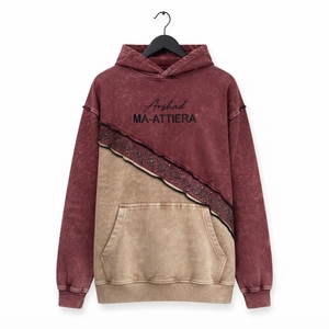 <b>Mens</b> <b>Burgundy</b> Beige Acid Wash <b>Hoodie</b> Rhinestone Trim Color Block Custom Streetwear Pullover Oversized Fashion Sweatshirt - Product Image 1