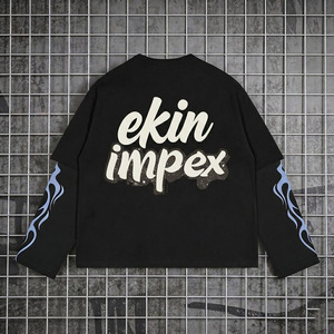 Ekin Impex Men's Black Long Sleeve Crewneck T-<b>Shirt</b> Street Style Printed Letter Design Full Sleeve <b>Flame</b> Pattern Casual <b>Shirt</b> - Product Image 2