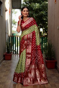 Auténtico Sari de Seda Bandhej con Borde de Zari Tejido, Pallu de Tela, Diseño Étnico, Blusa de Seda Dola a Juego, Colección de Prendas Étnicas - Product Image 2