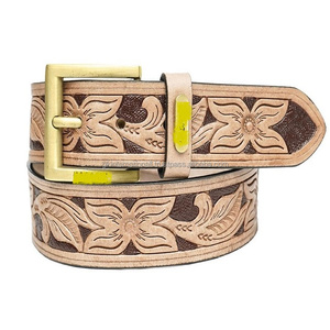 Classic Floral Embossed Hand Carved Natural Cowhide Genuine Western <b>Leather</b> <b>Tooling</b> <b>Belt</b> for Unisex with Customized logo - Product Image 4