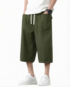 Men's Casual Green Canvas Capri Shorts Elastic Waist Drawstring Side Pockets Breathable Lightweight <b>Summer</b> <b>Pants</b> - Product Image 1