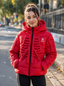 Veste matelassée rouge personnalisée pour homme/femme, veste d'hiver chaude à capuche avec imprimé squelette 3D, vêtements de rue tendance - Product Image 5