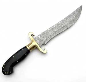 Couteau utilitaire d'extérieur artisanal en acier Damas à matrice mosaïque, manche en corne noire, garde en laiton en forme de S - Product Image 5