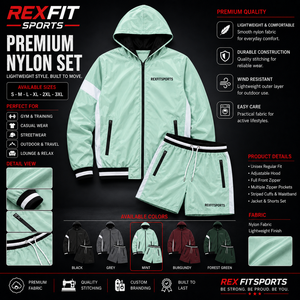 ชุดแจ็คเก็ตและกางเกงขาสั้นแบบมีฮู้ด REXFIT SPORTS 2026 รุ่นสั่งทำพิเศษสำหรับทุกเพศ ผลิตจากไนลอนสีมิ้นท์ น้ำหนักเบา กันลม ชุดกีฬา แบรนด์ส่วนตัว - Product Image 1