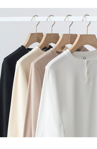 เสื้อยืดแขนยาวทรงเฮนลีย์สำหรับผู้ชาย ทรงปกติ ผ้าฝ้ายถัก 100% สีพื้น ระบายอากาศได้ดี สไตล์มินิมอล เหมาะสำหรับใส่ในฤดูใบไม้ร่วง - Product Image 6