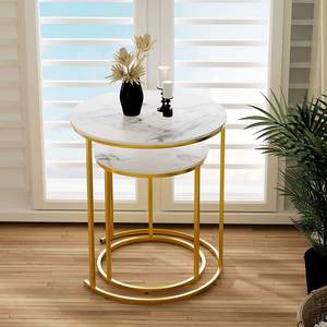 <b>Round</b> <b>Nesting</b> <b>Coffee</b> <b>Table</b> White & Gold Finished Modern Living Room <b>Tables</b> with Wooden Top Sturdy Metal Legs - Product Image 4