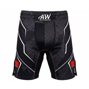 กางเกง MMA ยี่ห้อ Askar Wear รุ่น Ind สำหรับผู้ชาย ทรงเข้ารูป แห้งเร็ว พิมพ์ลายแบบ Sublimation สำหรับกีฬาต่อสู้แบบผสมผสาน สีดำลายแดง - Product Image 1