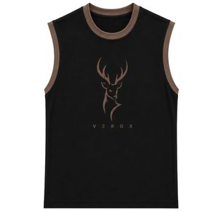 Débardeur sans manches noir et marron avec imprimé cerf en relief, gilet décontracté en coton pour homme, col rond, mode streetwear personnalisée - Product Image 1