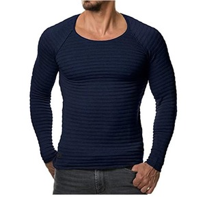 Pull décontracté à carreaux pour homme, coupe ajustée, col rond, manches longues, t-shirt musculaire, 240 grammes, polyester/coton, uni, délavé - Product Image 3