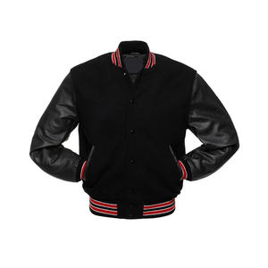 Blouson universitaire noir pour homme avec manches en cuir et bordure orange, veste décontractée d'automne à col rabattu et simple boutonnage - Product Image 5