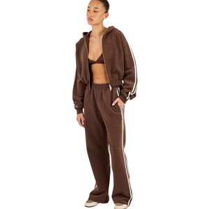 Womens Two Piece Hooded Tracksuit Full <b>Zip</b> Cropped Sweatshirt <b>Side</b> Stripe Elastic Waist Straight Leg <b>Trousers</b> Casual Lounge Sets - Product Image 1