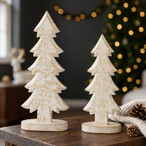 Ensemble de 2 sapins de Noël en bois faits à la main, blancs et dorés, figurines de table de Noël, décoration de maison chic et rustique, vente en gros - Product Image 1