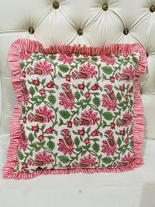 Dolly Enterprises Handmade Cotton Luxury Floral Block Print Throw <b>Pillow</b> Cover Ruffle Edge Boho <b>Sofa</b> Cushion Case Zipper Closure - Product Image 6