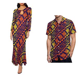 Conjunto de Dos Piezas de Moda: Vestido Largo Estilo Sirena con Diseño Tribal Polinesio y Camisa Aloha de Talla Grande para Hombre - Product Image 5