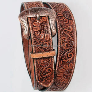 100% Customer Satisfaction Hand Carved Sunflower Embossed <b>Men's</b> Fashion Full Grain Cowhide Western <b>Leather</b> Tooling <b>Belt</b> - Product Image 5