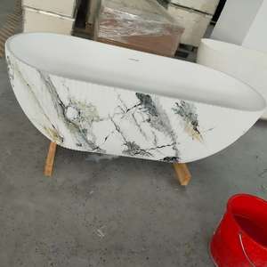 Bañera Ovalada Moderna de Mármol Cultivado con Rayas Verticales, Bañera Independiente de Resina Compuesta Artificial, Ecológica, con Masaje de Aire - Product Image 5