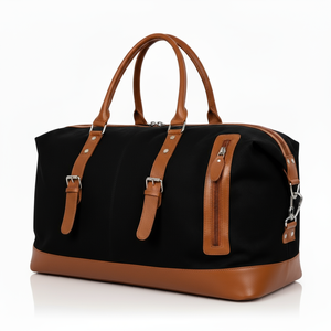 Sac de voyage pliable grande capacité en cuir véritable noir et toile, avec fermeture éclair en polyester, unisexe, pour week-end - Product Image 1