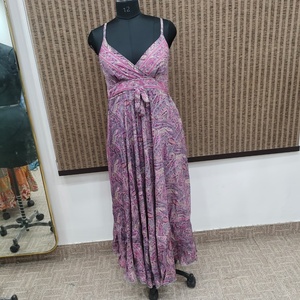 Robe longue maxi pour femme, style bohème, imprimé floral, en mélange de coton tissé, col en V, bretelles spaghetti, coupe trapèze ample, taille élastique - Product Image 1