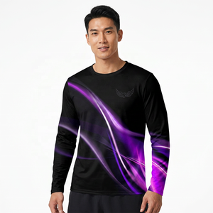 T-shirt imprimé à manches longues pour homme, motif noir et violet, séchage rapide, col rond, tissu tricoté, coupe classique - Product Image 4