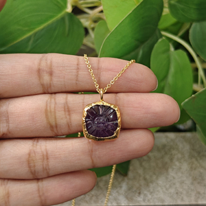 Natural Amethyst Black Onyx Floral <b>Cushion</b> Carved 18k Gold Plated Brass Pendant Unique Women's Stylish Fashion Pendant Jewelry - Product Image 6
