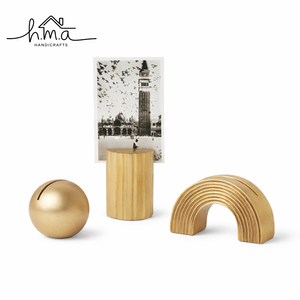 Ensemble de porte-cartes en métal doré géométrique, forme sphère, cylindre, colonne cannelée et arche, design minimaliste pour bureau, cartes de visite et photos - Product Image 1