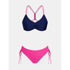 Conjunto de Bikini de Dos Piezas para Mujer con Múltiples Tirantes, Azul Marino con Detalles en Rosa, Top Fruncido, Traje de Baño - Product Image 4