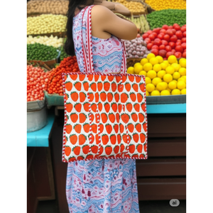 Playful Block Print Strawberry Bolso grande-Rojo y blanco sostenible - Product Image 1