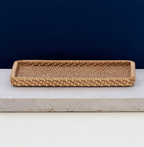 Plateau rectangulaire profond en rotin tressé à la main avec motifs géométriques et poignées en boucle, disponible à prix de gros. - Product Image 3