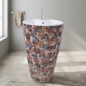Lavabo de salle de bain autoportant rond en céramique de granit couleur chocolat clair sur piédestal pour usage commercial - Product Image 6