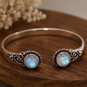 Rainbow Moonstone Bezel Set Open <b>Cuff</b> Bangle Handmade <b>Silver</b>/Gold Plated Brass Adjustable Gemstone <b>Bracelet</b> Classic Gift Unisex - Product Image 2