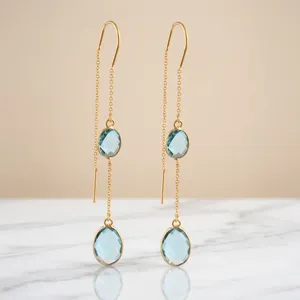 Pendientes de aro plata de primera ley con forma de aguja para mujer, aretes pequeños, plata esterlina, Circonia cúbica, zirconia, circonita, zirconita, zirconita, color azul suizo - Product Image 1