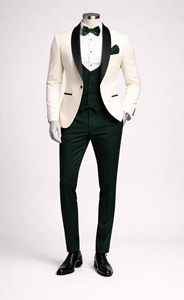 Costume de smoking crème pour homme avec gilet vert et nœud papillon, tenue de cérémonie pour marié, style britannique, ensemble trois pièces - Product Image 1