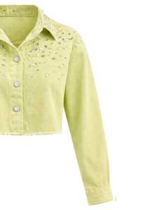 Veste en jean courte pour femme, vert clair personnalisé, avec fermeture boutonnée sur le devant ornée de strass, manches longues, style streetwear tendance - Product Image 5