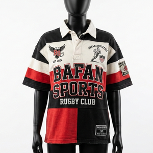 T-shirt de rugby pour femmes en coton et polyester, design à panneaux noir et blanc, broderie, sergé, logo personnalisé, t-shirt de rugby pour femmes en coton - Product Image 1