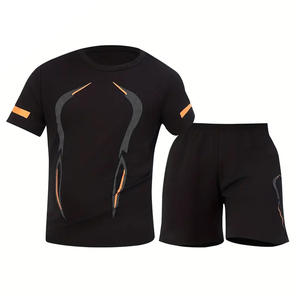 Conjunto de 2 piezas de camiseta y pantalones cortos de compresión con cuello redondo, transpirable y que absorbe el sudor, para deportes de verano para hombre - Product Image 1