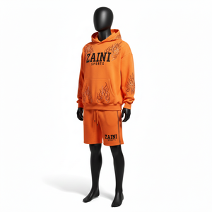 Ensemble sweat à capuche et short en molleton épais coton-polyester pour homme, imprimé flamme strass orange personnalisé - Product Image 4