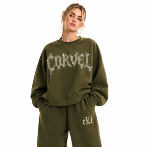 High Quality Rhinestone Gothic Print Oversized Sweatshirt Wide Leg Joggers Olive Green <b>Sparkly</b> Tracksuit 100% Cotton Fleece Set - Product Image 4
