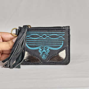Women's Fashion Turquoise <b>Boot</b> Stitch Genuine Leather Zipper Coin Purse With Wristlet Cowhide Large Capacity Tassel Mini Wallets - Product Image 5