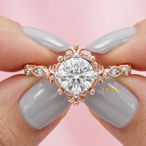 Vintage Round Cut 14K GOLD Lab Diamond <b>Solitaire</b> <b>Ring</b> Floral Womens Engagement <b>Ring</b> - Product Image 2