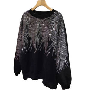 Sweat-shirt noir pour femme avec strass, col rond, manches longues, orné de cristaux étincelants, pull décontracté et tendance - Product Image 1