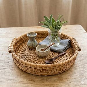 Handcrafted Cane Rattan Bamboo Serving Tray Decorative Multipurpose Tray for Home Kitchen <b>Table</b> Decor - Product Image 4