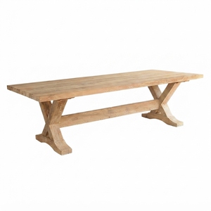 Mesa de Comedor Larga de Madera Maciza Rústica, Estilo Granja, Base de Caballete con Marco en X, Mesa Rectangular Grande de Madera de Teca, Muebles para Comedor - Product Image 1