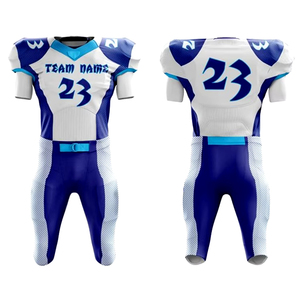 Conjunto de Uniforme de Fútbol Americano Sublimado, Jersey y Pantalones Ajustados de Poliéster para Hombre, Nombre del Equipo 23, Blanco y Azul, Cuello en V, Manga Corta - Product Image 1