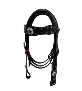 ชุดหูฟังหนังม้าสีดำพรีเมี่ยมพร้อมคริสตัลสีม่วง Conchos อุปกรณ์สแตนเลสและทองเหลือง - Product Image 2