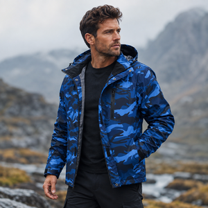 Custom Unisex <b>Waterproof</b> Blue <b>Camo</b> Stand Hooded <b>Jacket</b> High Street Style Heat Transfer Print Zip Front Nylon Outdoor Front Logo - Product Image 5