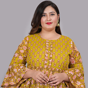 Ensemble ethnique en coton lurex imprimé floral, robe Anarkali verte à manches évasées, col rond, grande taille, vêtements décontractés pour femmes, vente en gros - Product Image 4