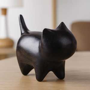 Sculpture de chat minimaliste en bois, décoration d'intérieur, art de table, artisanat, décoration en forme d'animal noir - Product Image 1