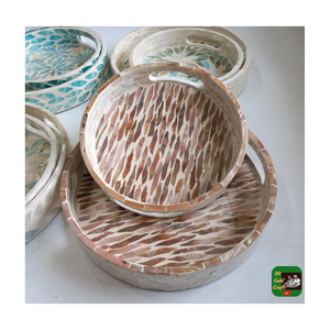 Best Craft Mother of Pearl <b>Tray</b> Mosaic <b>Round</b> <b>Tray</b> with Dual Cutout Handles, Ceramic Shell Mosaic <b>Tray</b>, Nacre Serving <b>Tray</b> - Product Image 6